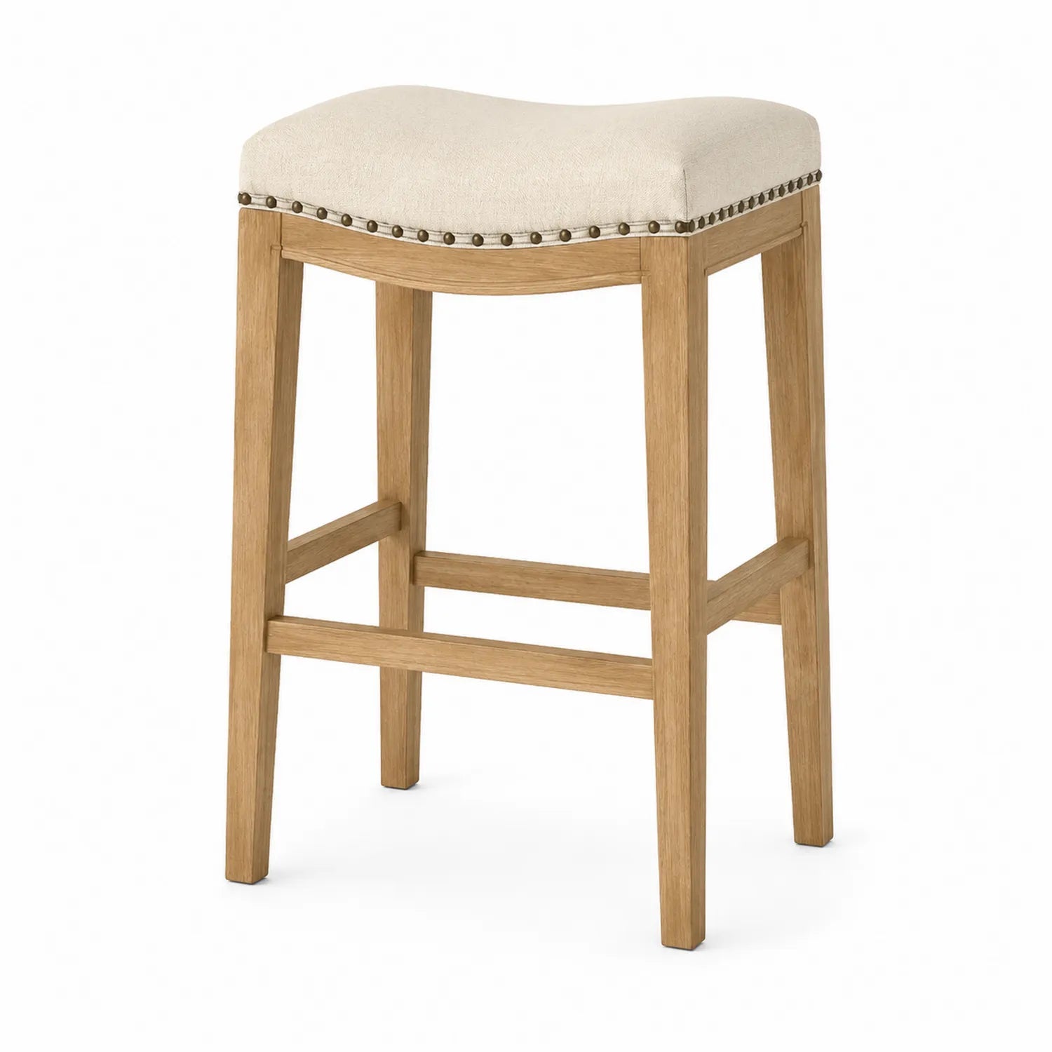 Taburete de Madera de Roble con Asiento de Lino Beige 76cm