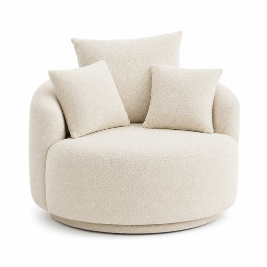 Sofá redondo de tela bouclé beige con cojines incluidos, 120 cm de diámetro
