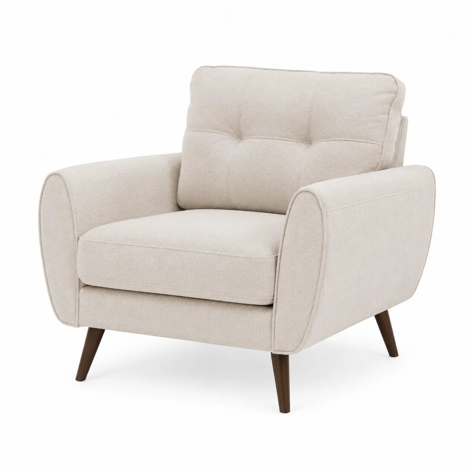 Sillón de tela beige con patas de madera