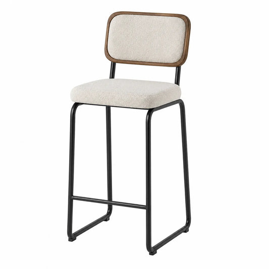 Taburete de bar con estructura de metal, respaldo de madera y asiento de tela