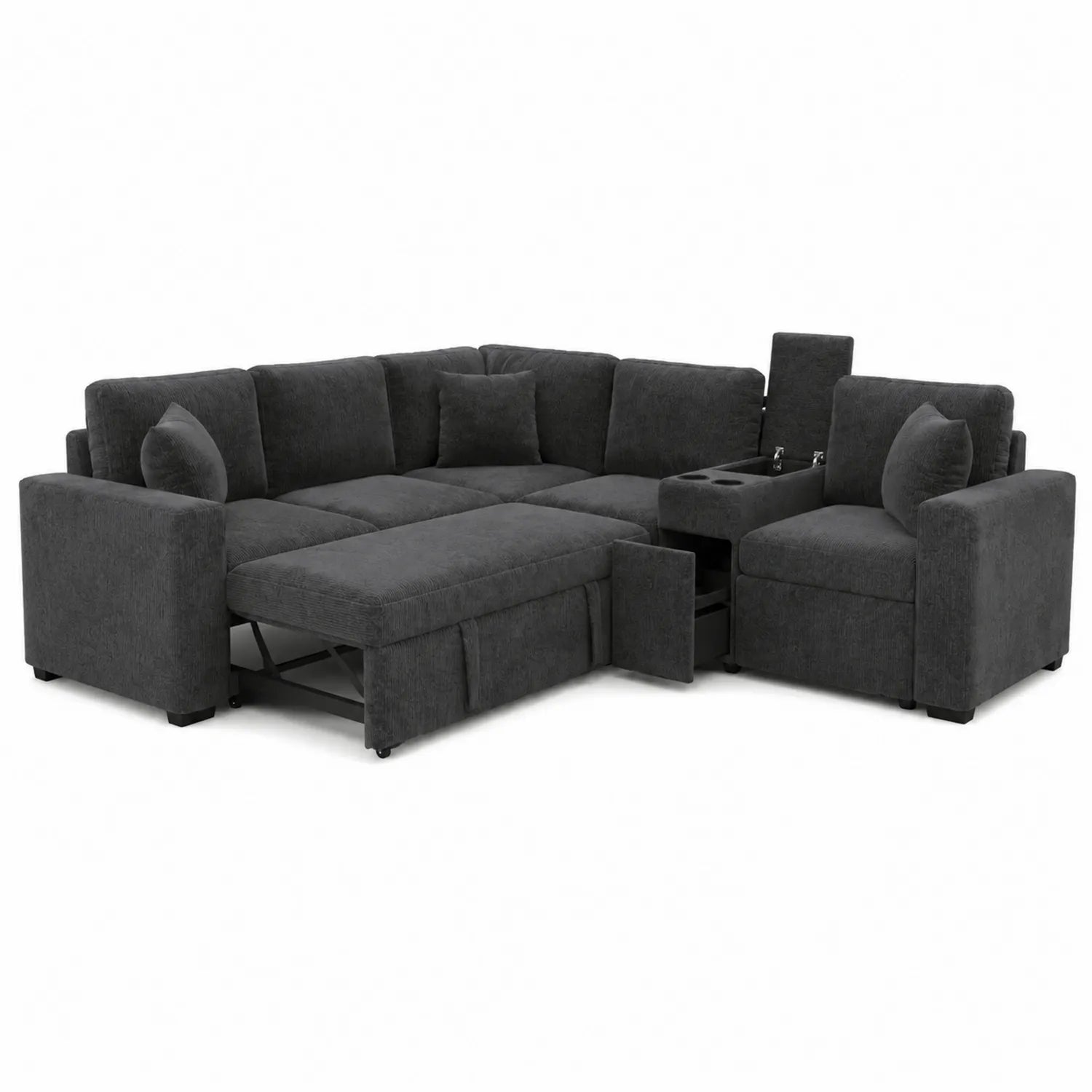 Sofá seccional de tela gris con chaise longue y almacenamiento