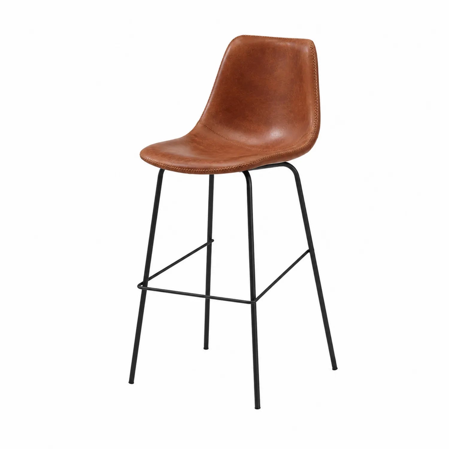 Taburete de cuero sintético marrón con patas de metal negras