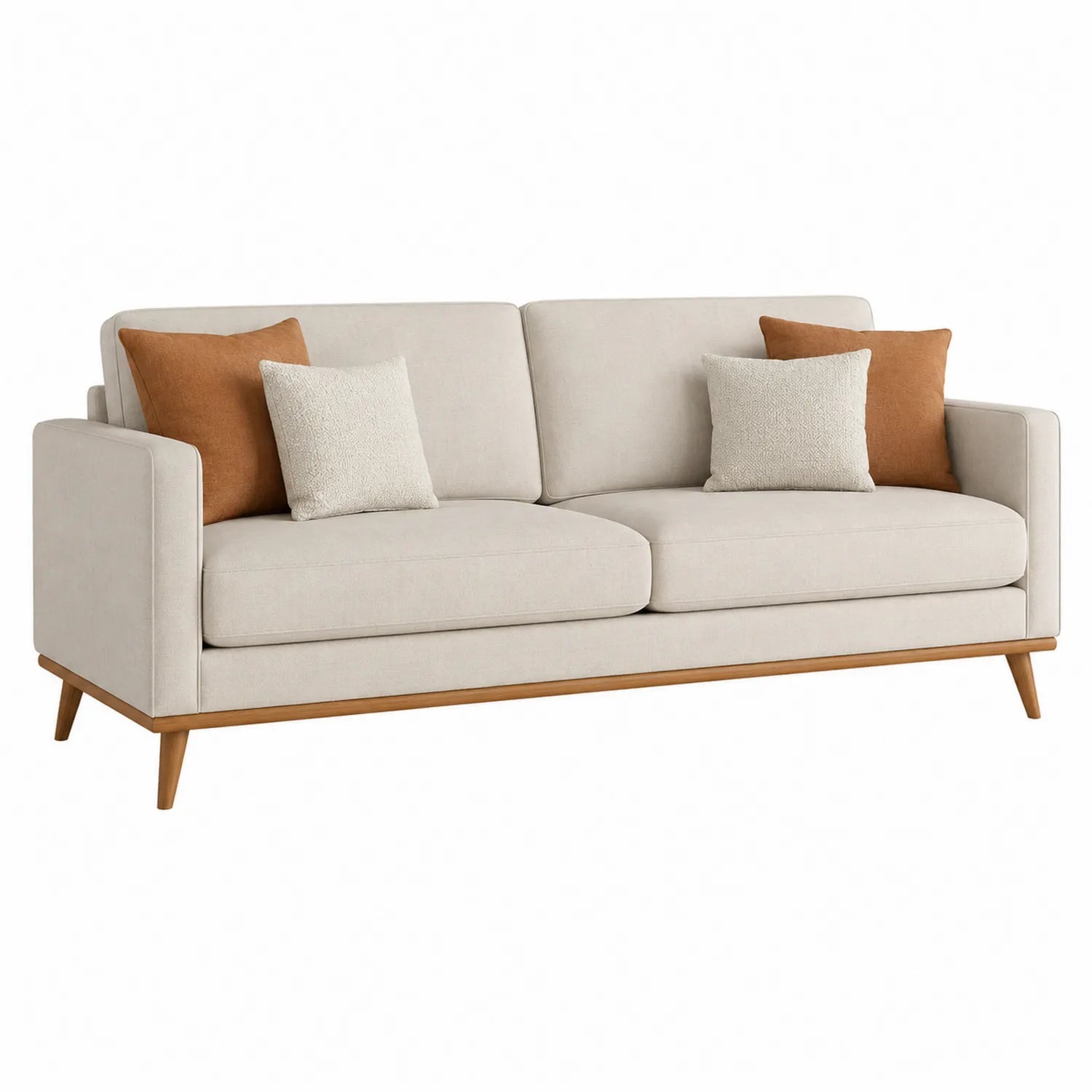 Sofá de tres plazas de poliéster beige con base de madera