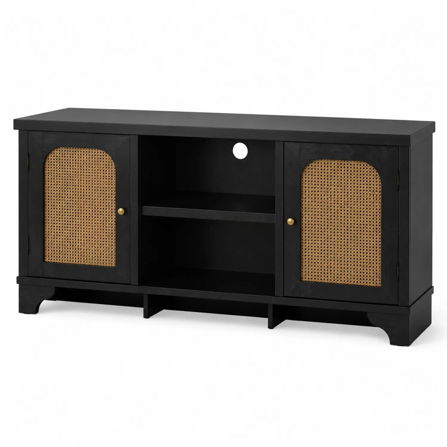 Mueble de TV de MDF negro con puertas de ratán 120x40x60 cm